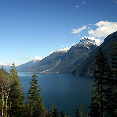 The mountainous vista of Harrison Lake near Agassiz, B.C.