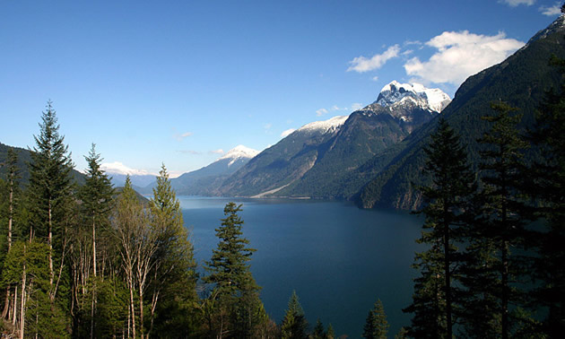 The mountainous vista of Harrison Lake near Agassiz, B.C.