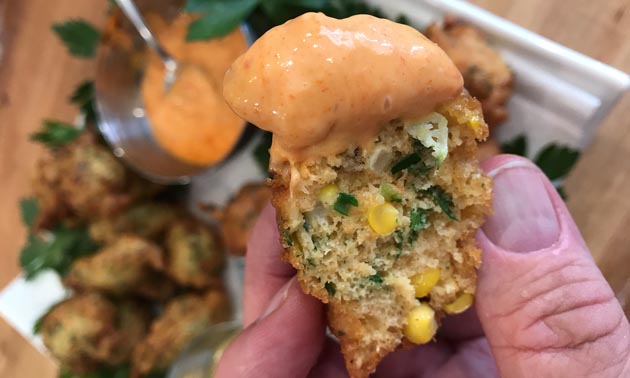 Close-up of inside of fritter.