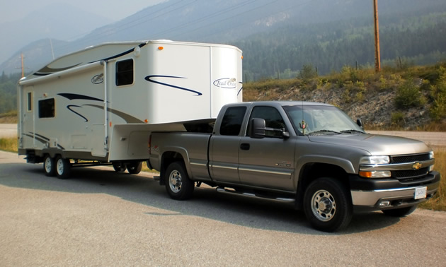 The Braishers own this 28 foot fifth wheel, pulled by a diesel truck.