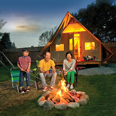 An oTENTik, exclusive to Parks Canada, is a cross between an A-frame cabin and a prospector tent mounted on a raised wooden floor.