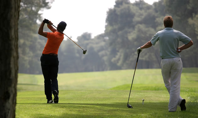 Two golfers on a golf course.
