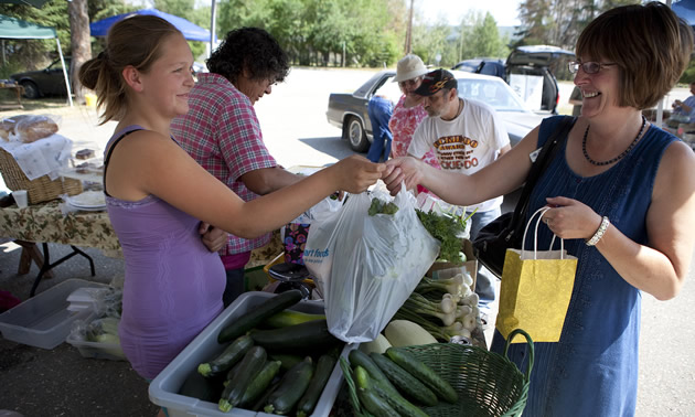 Summer market scene with a young female vendor handing a bag of produce to a smiling woman customer