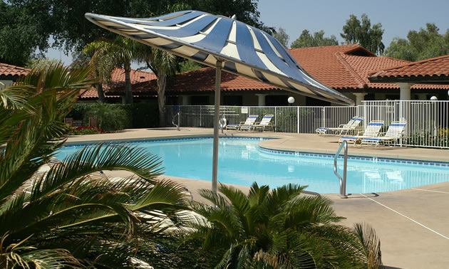Poolside at the La Hacienda RV Resort in Arizona. 