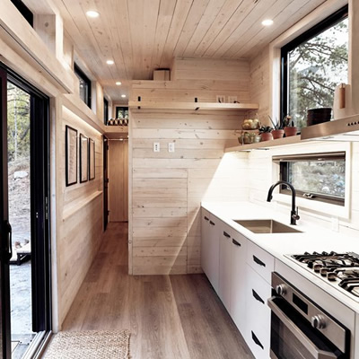 Interior of the Land Ark unit, showing the kitchen area. 