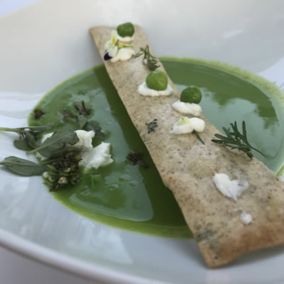 Expect the freshest ingredients—here is the Joy Road Catering version of fresh garden pea soup.