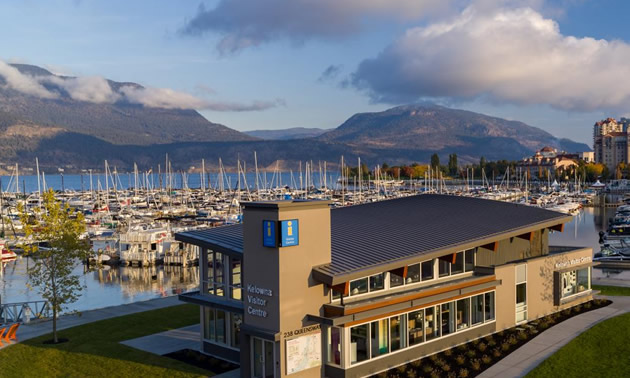 View of the Kelowna Visitor Centre on the waterfront. 