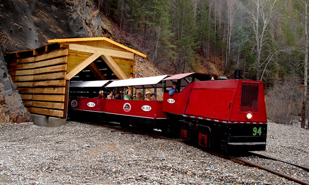 The Kimberley Underground Mining Railway little red train exits a log tunnel structure.