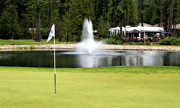 A view of Mabel Lake Resort's golfing green and RV park.