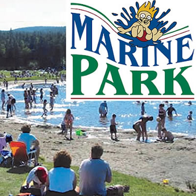 Picture of people on a beach at Marine Park, with logo of company in upper right corner. 