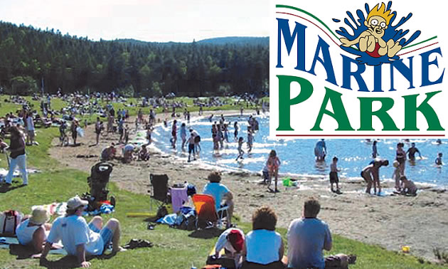 Picture of people on a beach at Marine Park, with logo of company in upper right corner. 