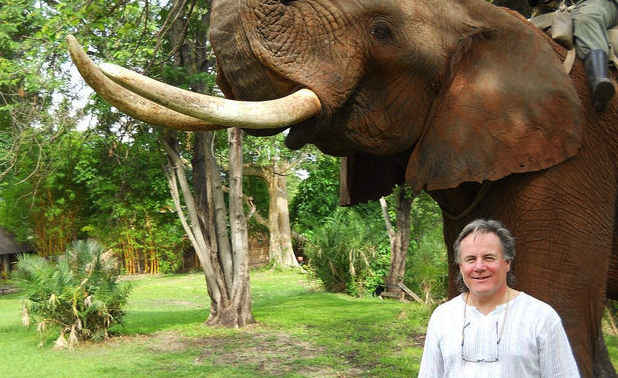 Mike Donovan standing in front of an Elephant.