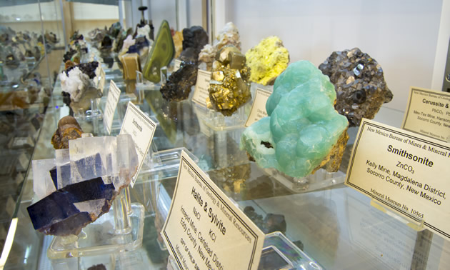 More than 5,000 rock samples are on display at the New Mexico Bureau of Geology & Mineral Resources Mineral Museum in Socorro, New Mexico.