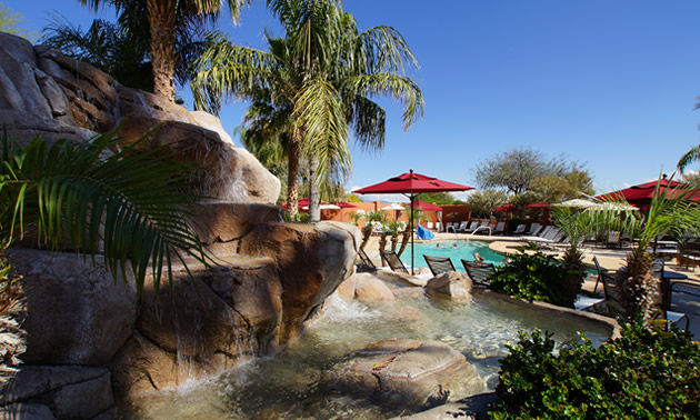 Pool and rock waterfall at Monte Vista resort.