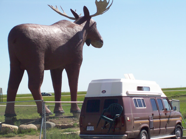 The Moose Jaw moose statue, and a campervan