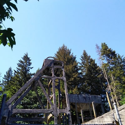 Close-up of concrete headframe and tipple structure at the historic Morden Colliery.