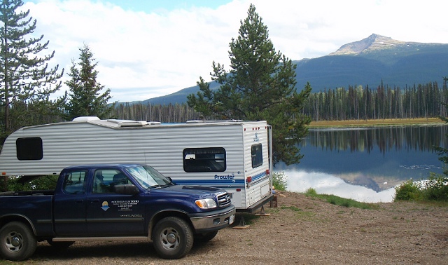 Truck and RV at a lake