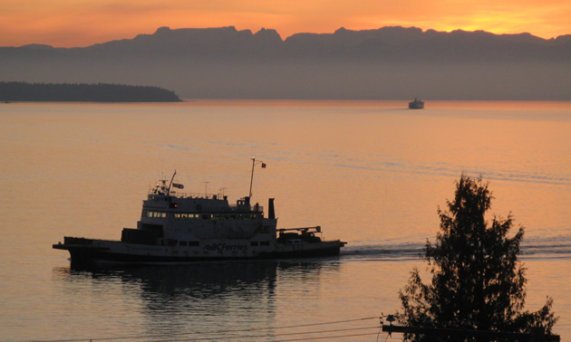 Two silhouetted boats glide past an orange sunset in Powell River, B.C.