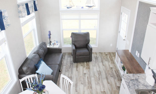 An interior view of the living area in a Best Buy Homes Park Model. 