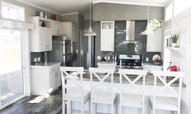 The kitchen area in a Best Buy Homes park model. 