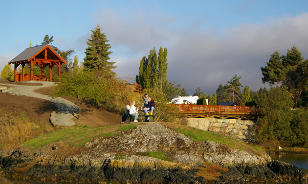 Patrons sit at a picnic table surrounded by green trees, grass, and a far-off gazebo.