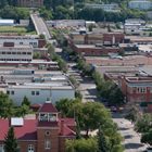 An ariel view of Prince Albert shows red brick buildings interspersed with attractive green space. 