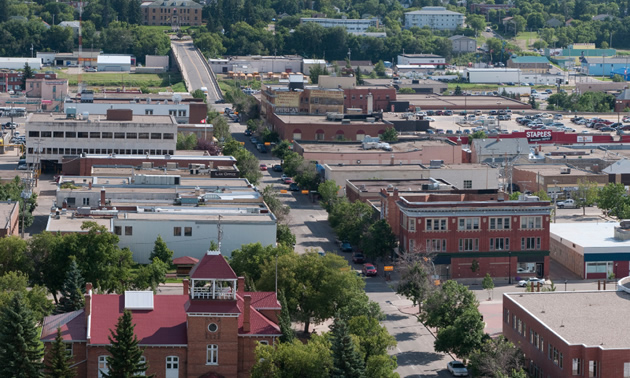 An ariel view of Prince Albert shows red brick buildings interspersed with attractive green space. 