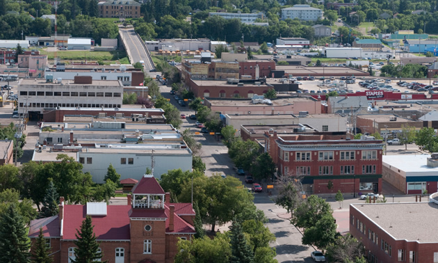 An ariel view of Prince Albert shows red brick buildings interspersed with attractive green space.