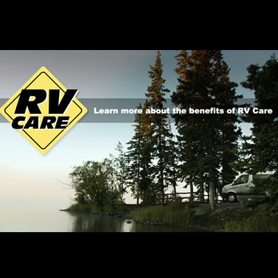 RV Care logo, with lake scene behind. 