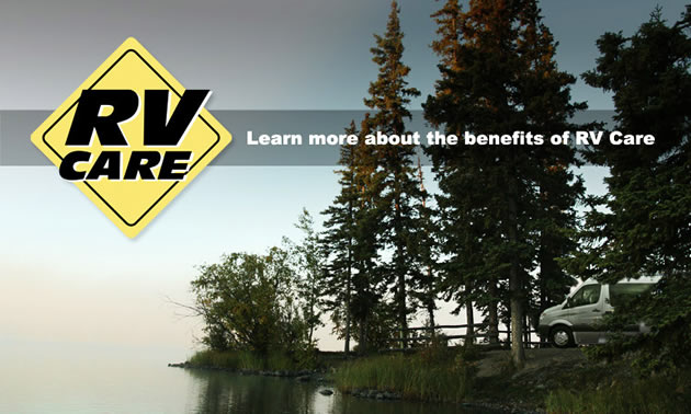 RV Care logo, with lake scene behind. 