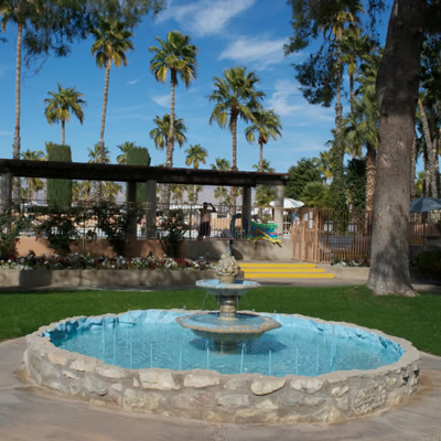 Fountain at main gate of resort. 