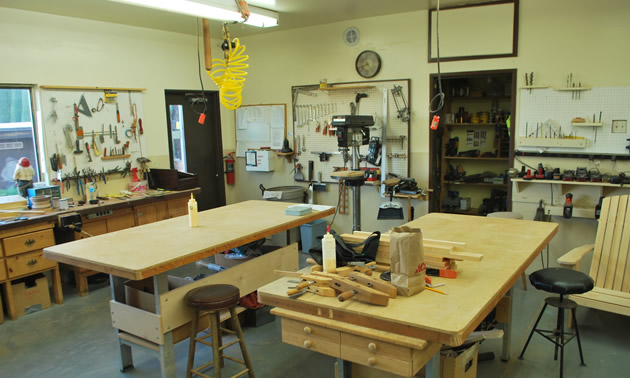 Interior of woodworking shop. 