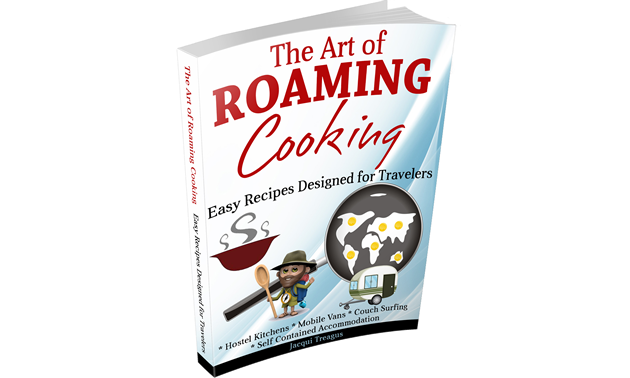 A shot of the book's title includes the name in red and cartoons of eggs in a frying pan, a man on safari, and a camper van.