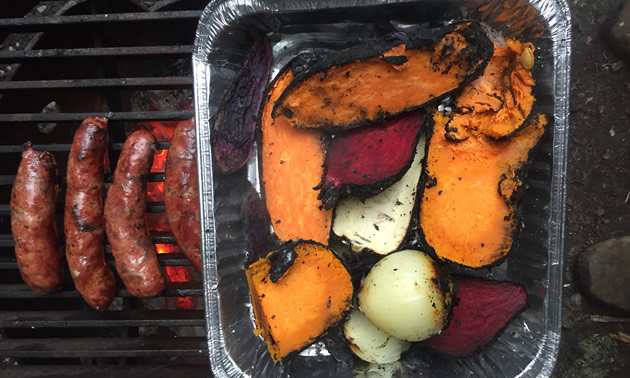 Fire-roasted veg with a side of homemade sausage.