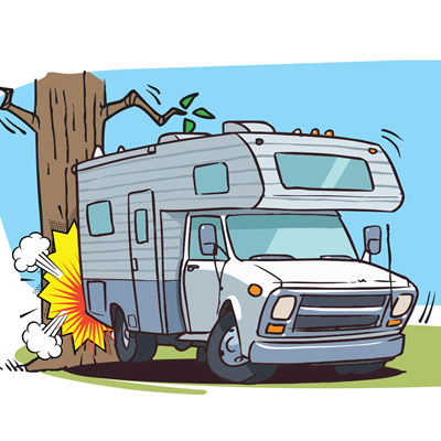 Cartoon picture of camper backing into tree. 
