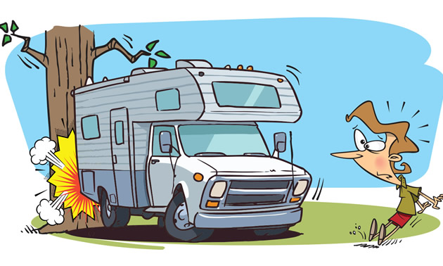 Cartoon picture of camper backing into tree. 