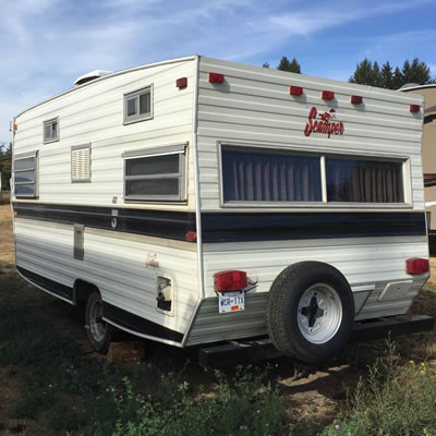A Scamper travel trailer. 