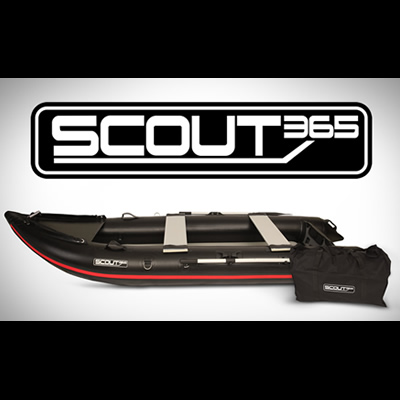 Picture of boat and logo of Scout Inflatables. 