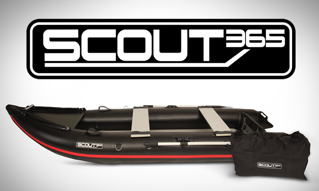 Picture of boat and logo of Scout Inflatables. 