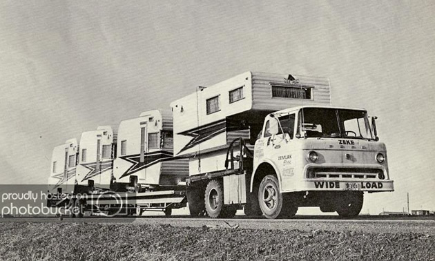 A vintage picture of TeePee trailers being delivered to a dealership in western Canada. 