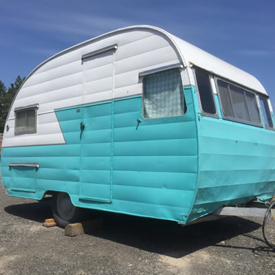 A powder blue Shasta trailer, spotted in a local dealership. 
