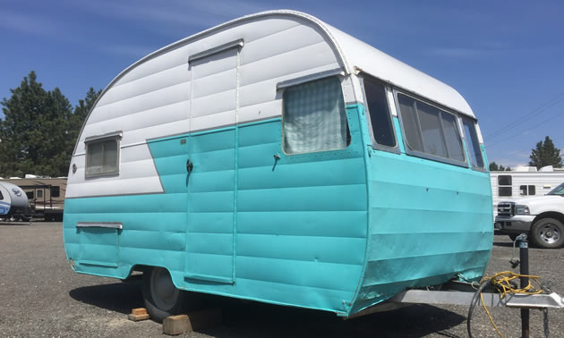 A powder blue Shasta trailer, spotted in a local dealership. 