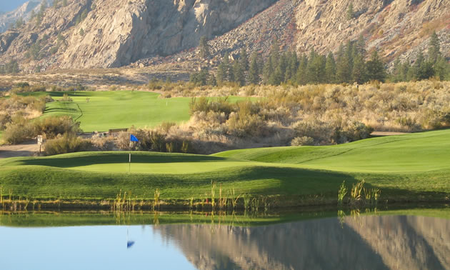 A panoramic view of the fourth hole at the Sonora Dunes Golf Course.