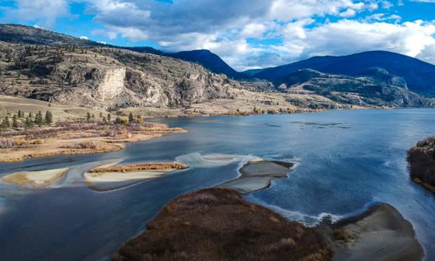 The South Okanagan-Similkameen region, showing lake and desert-looking hills. 