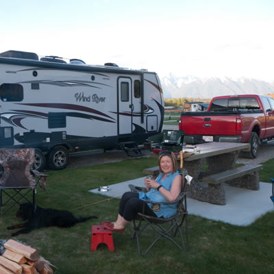 A fifth wheel camper set up at St. Eugene RV Park. 