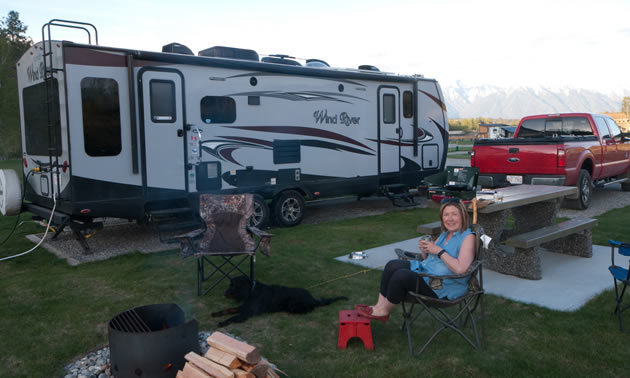 A fifth wheel camper set up at St. Eugene RV Park. 