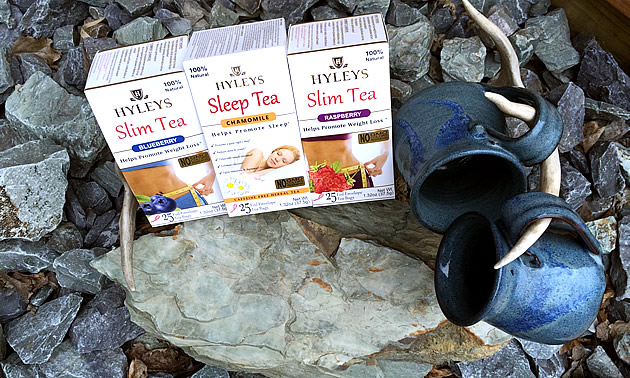 Three boxes of Hyleys tea displayed by two blue pottery mugs hanging on an antler on rocks