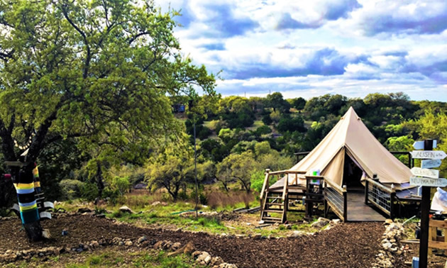 Tent set up in Texas wilderness. 