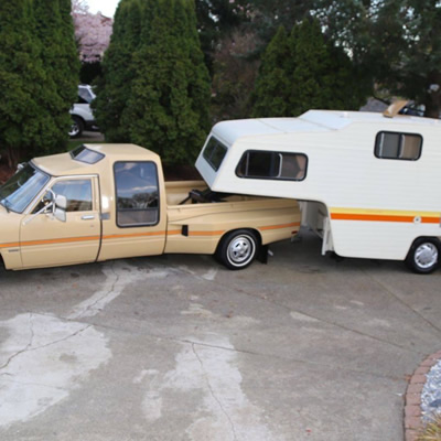 What a find! A very rare Toyota Sunrader dually pick-up with matching fifth wheel trailer. 