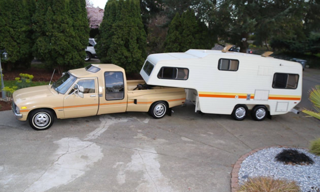 A very rare Toyota Sunrader dually pickup with matching fifth wheel trailer.
